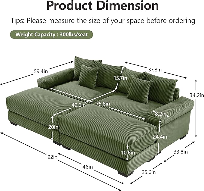 KEIKI 83" Oversized Corduroy Modular Sectional Loveseat Sofa with 2 Ottoman, High-Density Foam Cushion, Extra-Thick Armrest, Modern 2-Seater Fluffy Corner Couch with 6 Pillow, for Living Room, Green