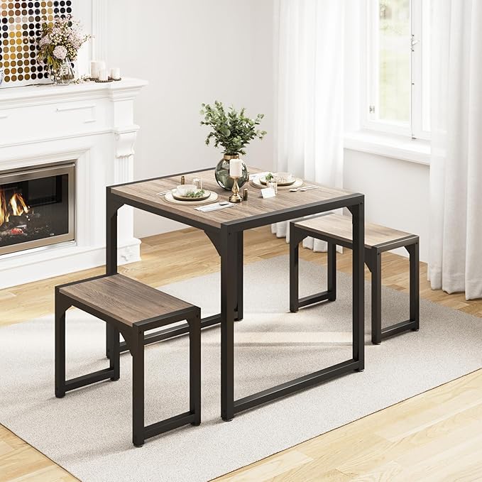 Gizoon Dining Table Set for 2, Kitchen Table Set for 2 with Steel Frame, Kitchen Table with 2 Benches for Small Space, Space Saving Design for Restaurant, Living Room, Grey