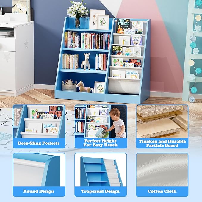 Blue 4 Tier Kids Wooden Bookshelf,Five Layer Sling Bookcase,Baby Storage Book Rack,Child Book and Toy Organizer Cabinet Chest,Toddler Book Display Playroom Kids Room Bedroom Classroom Nursery Library