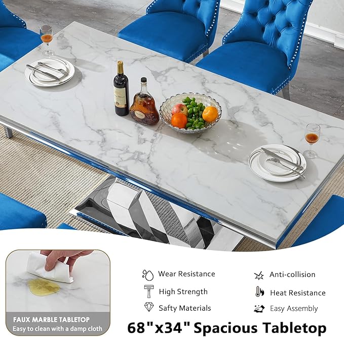 Goujxcy 68" Luxury Marble Dining Table for 6-8, Modern Rectangle White Faux Marble Kitchen Dining Room Table with Silver X-Shape Stainless Steel Pedestal Base for Kitchen Dining Room
