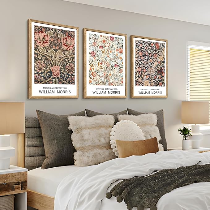 Cyebmo Wood Framed William Morris Wall Art Set of 3, Rustic Farmhouse Floral Wall Decor, Retro Flower Plants Aesthetic Picture, Vintage Botanical Art Prints for Living Room Bedroom Bathroom 12"x16"x3