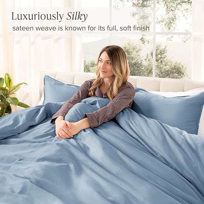 Bare Home 100% Organic Cotton Sateen Duvet Cover Set - Full/Queen Size - 400 Thread Count - Smooth Sateen Weave - Warm & Luxurious - Duvet Cover (Full/Queen, Dusty Blue)