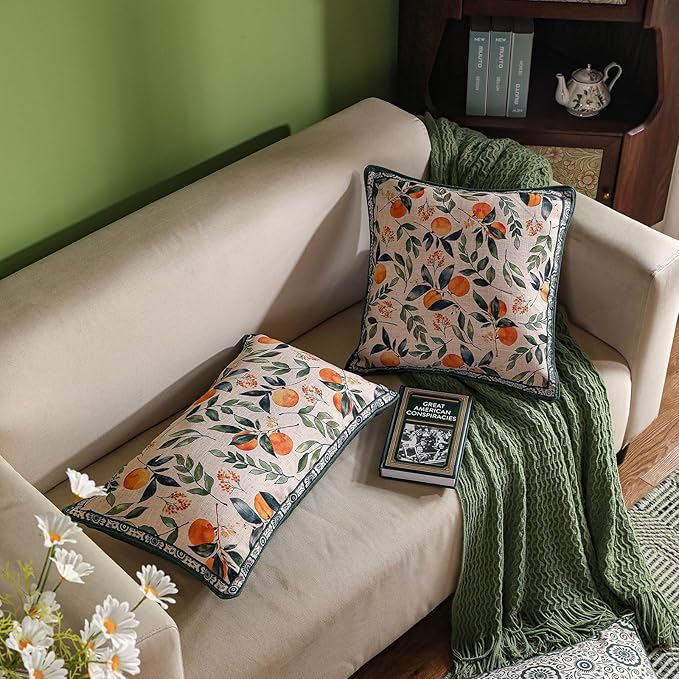 patdrea Designer Throw Pillow Covers Set of 2,Square Green Vintage Rustic Linen with Oranges Harvest Pattern Pillow Cover,Decorative Pillowcases Cushion for Bed Living Room Outdoor Car,18"x18"
