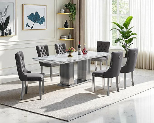 68" Faux Marble Dining Table Set for 6, 7-Piece Dining Set with White Silver Kitchen Table and 6 Velvet Tufted Chairs, Modern Rectangular Dining Room Tables with Column-Shape Stainless Steel Base