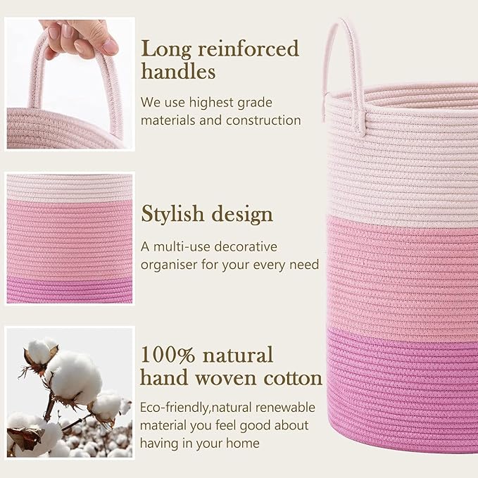 Woven Rope Laundry Hamper Basket, 58L Tall Luandry Basket, Baby Nursery Hamper for Blanket Storage, Clothes Hamper for Laundry in Bedroom-Large-Pink