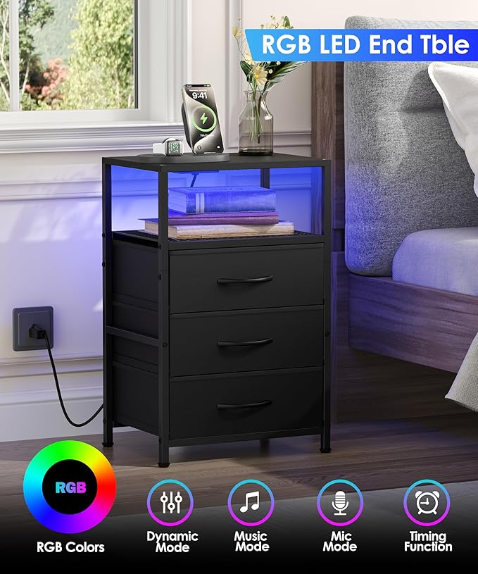 End Table with Charging Station, 11" D x 15" W Night Stand with LED Light, Nightstand with Fabric Drawers, Bedside Table with Open Shelf, Side Table for Bedroom, Living Room, Black
