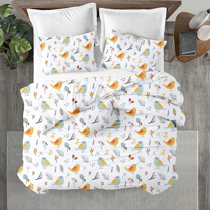 Kotton Culture 3 Pc King Size Duvet Cover Set- 100% Egyptian Cotton Sateen 600 Thread Count Ultra Soft Premium Durable Comforter Cover Zipper Closure & Corner Ties (Forest Birds, King 102"x94")