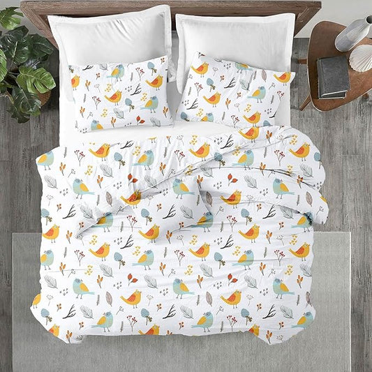 Kotton Culture 3 Pc California King Size Duvet Cover Set -100% Egyptian Cotton Sateen 600 Thread Count Ultra Soft Premium Durable Comforter Cover Zipper Closure & Corner Ties (Forest Birds,104"x98")