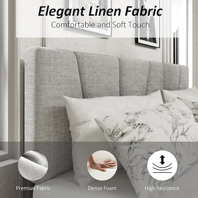 Full Size Platform Bed Frame with Upholstered Headboard, Wooden Slats Support, Noise Free, No Box Spring Needed, Easy Assembly, Light Grey, Linen