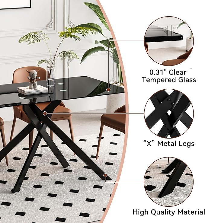 51" Rectangular Glass Dining Table Modern Kitchen Glass Top Table for 4 with Black Metal Legs, Clear Dining Table Kitchen Table for Home Office Dining Room