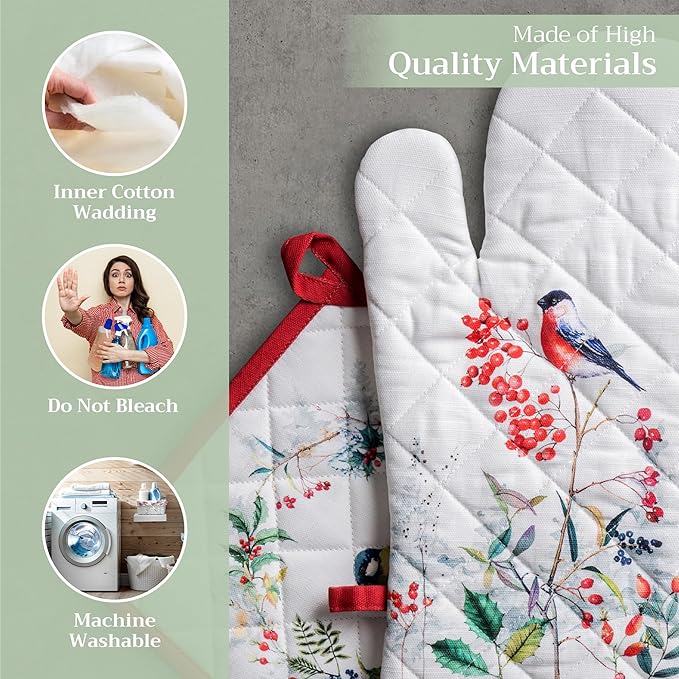 Maison d' Hermine 100% Cotton Oven Mitt & Pot Holder Set (7.5"x13" & 8"x8") Heat Resistant BBQ Cooking Gloves with Loop for Thanksgiving Christmas Decorations Handling Hot Pans (Morzine)