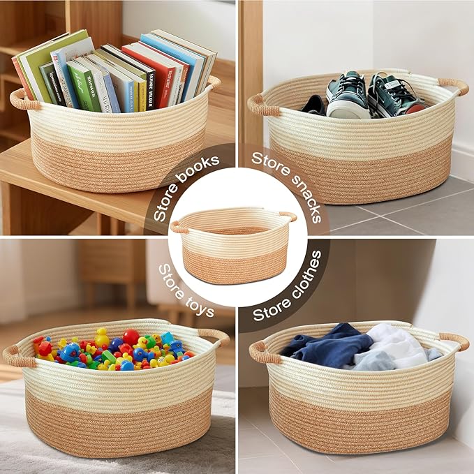 Small Woven Laundry Basket, Cotton Rope Storage Basket for Bedroom, Nursery & Bathroom – Toy Storage Organizer (Small(21.65" L x 12.6" W x 8.46" H))