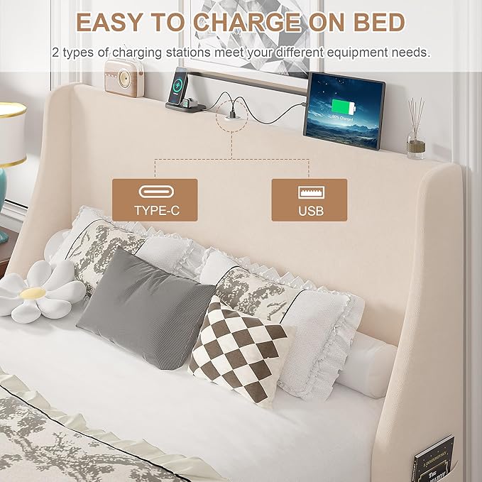 VECELO Full Bed Frame with Upholstered Wingback Headboard, Heavy-Duty Platform Bedframe with Charging Station, Wooden Slats, No Box Spring Needed, Beige