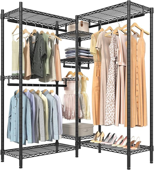 VIPEK L6 Garment Rack L Shaped Clothes Rack Heavy Duty Clothing Rack Metal Freestanding Closet with 7 Adjustable Shelves & 4 Hanging Rods 43.3"L x 43.3"W x 76.4"H, Max Load 750LBS, Medium Size, Black