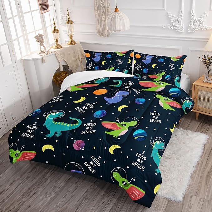 Dinosaur Space Dinos Comforter Bedding Set for Boys Kids Children, Celestial Bodies Colorful Dinosaur Print, 3PCS (1 Full Comforter, 2 Pillowcases), Green, Blue, Purple, Full 80x90inches