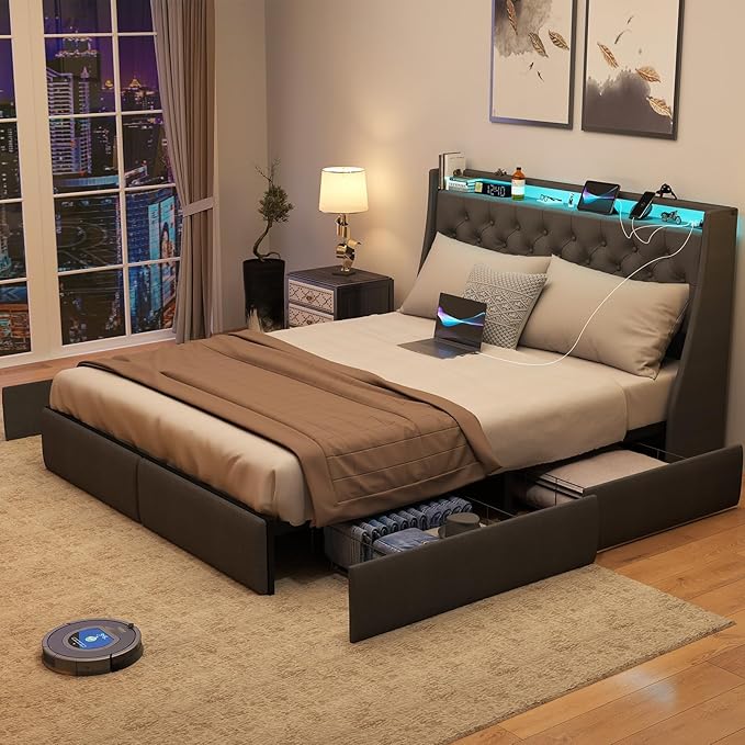 SADENICEL Queen Bed Frame with Storage Headboard, Metal Platform Bed Frame Queen Size with 4 Drawer, LED Light, Charging Station, No Box Spring Needed, Noise Free, Easy Assembly, Grey