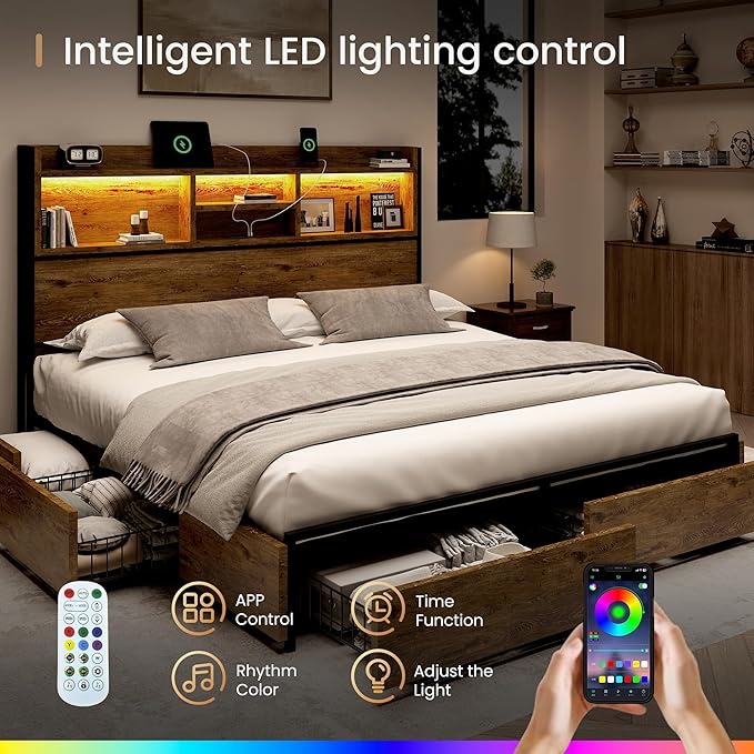 King Storage Bed Frame with 6 Drawers, USB Charging Station, No Noise, No Box Spring Required, Vintage Brown Headboard Platform Bed