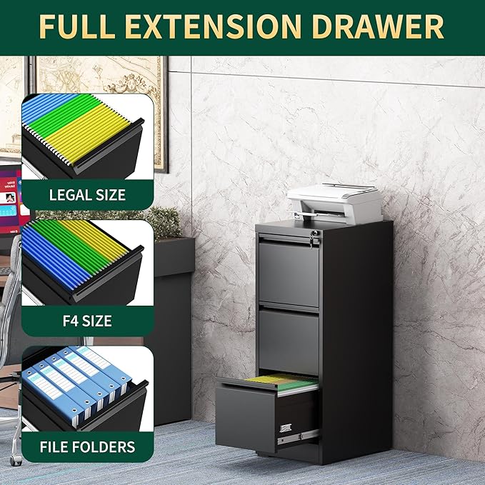 3 Drawer File Cabinet with Lock, Steel Vertical Filing Storage Cabinet for Home Office, Heavy-Duty File Cabinets for Letters/Legal/A4 (Require Assembly, Black)