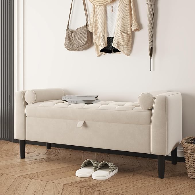 46.5" Storage Ottoman Bench – Upholstered End-of-Bed Storage Chest with Rolled Armrests & Wood Legs, Entryway Shoe Bench and Footrest Seat for Hallway, Bedroom & Living Room & Walk-in Closet（Beige）