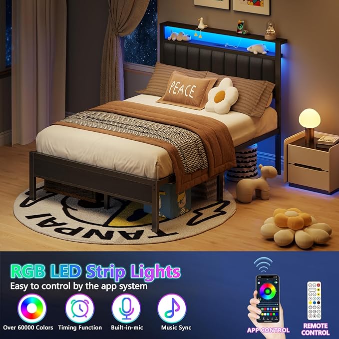 Furnulem Full Size Bed Frame with Charging Station and LED Lights, Platform Bed with Metal Slats, Grey Upholstered Headboard with 2-Tier Storage Shelves, No Box Spring Needed