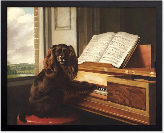 Poster Master Vintage Portrait of an Extraordinary Musical Dog Poster - Retro Dog Print - Puppy Art - Music Art - Piano Art - Animal Lover Art - Living Room or Office Decor, 8x10 Black Framed