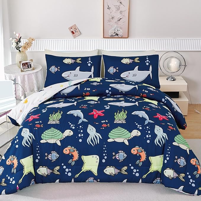 RYNGHIPY Kids Bedding Set for Queen Bed Reversible Ocean Animals Print Comforter Set for Boys Girls Easy-Wash Super Soft Microfiber Bed Set (Navy Ocean,Queen)