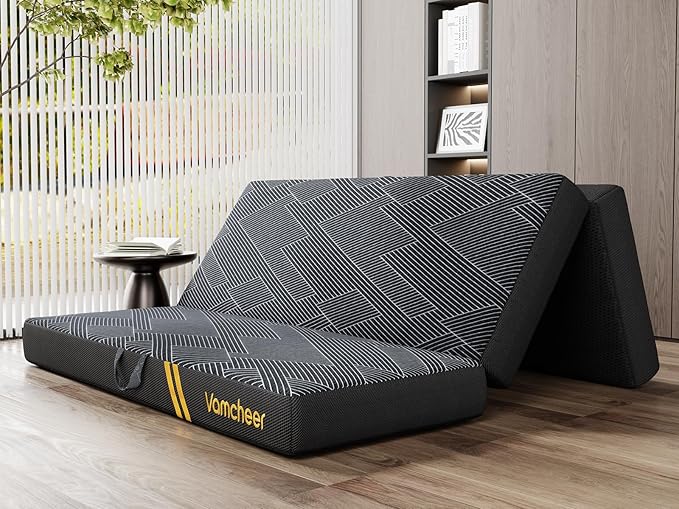 Vamcheer Foldable Mattress Queen Size, 6 inch Folding Mattress, Tri-fold Memory Foam Mat with a Collapsible and Washable Cover, Handle & Non-Slip Bottom for Travel/Guest, 78"x58"x6", Grey