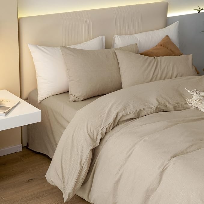 JIYUAN 100% Washed Cotton Duvet Cover Set 3 Pieces Oversized King, 1 Duvet Cover 120x98 Inches(Comforter Not Included) and 2 Pillowcases,Linen Feel Bedding Set Comfy and Breathable, Heathered Tan