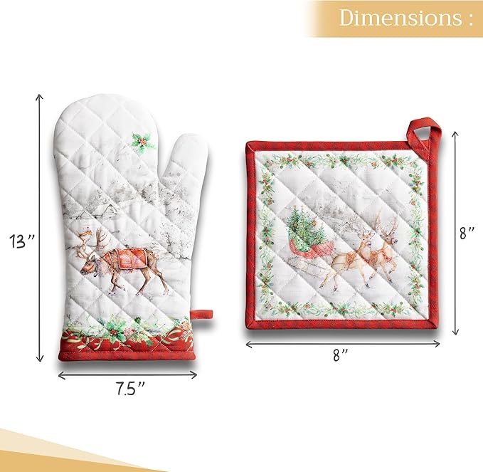 Maison d' Hermine 100% Cotton Oven Mitt & Pot Holder Set (7.5"x13" & 8"x8") Heat Resistant BBQ Cooking Gloves with Loop for Thanksgiving Christmas Decorations Handling Hot Pans (Christmas Tradition)