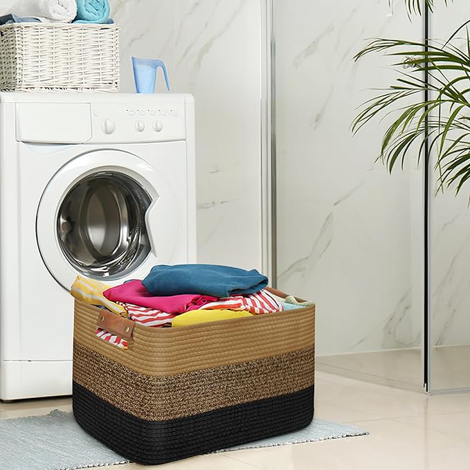 Large Collapsible Laundry Basket, Clothes Hamper for Blanket, Toy, Towels, Woven Baskets for Storage, Nursery Home Decor Living room 21.6" x 15" x 11.8" Black