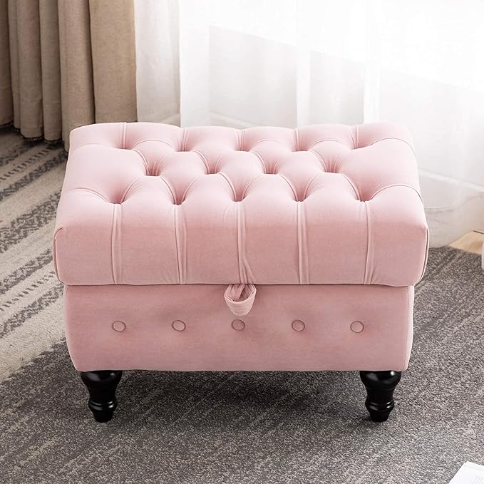 Artechworks Storage Coffee Table Ottoman, Button Tufted Velvet Upholstery Footstool Bed Ottoman for Living Room, Home Office, Space-Saving Storage Toy Box Stool, Pink