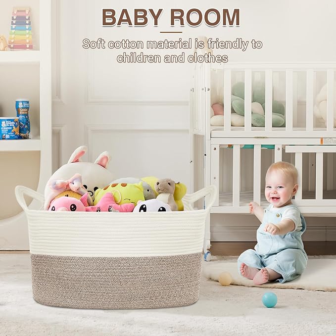Large Laundry Hamper Blanket Basket，21.6''×14.9''×19.6'' Cotton Rope Woven Laundry Basket for Organizing, Rectangle Toy Basket for Living Room, Bedroom