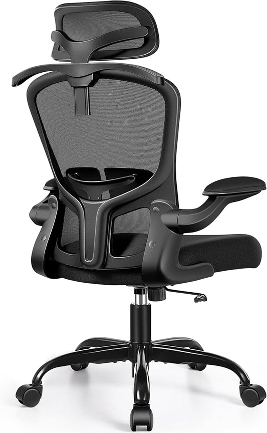 FelixKing Office Chair with Headrest, Ergonomic Desk Chair with Wheels, Task Swivel Comfy Chair with Adjustable Lumbar Support, Breathable Mesh Computer Chair with flip-up Armrests for Home (Black)