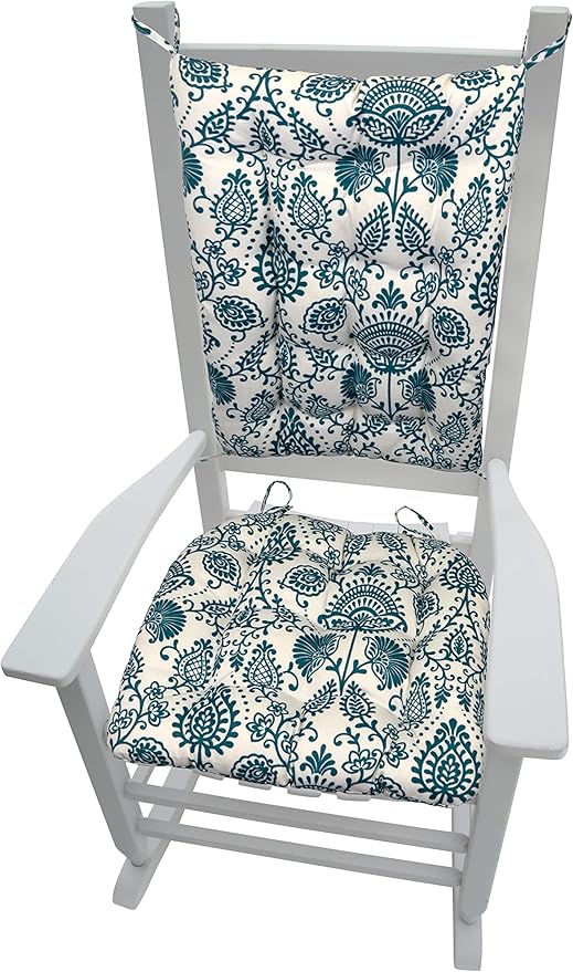 Sylvan Teal Porch Rocker Cushions - Small - Indoor/Outdoor, Fade Resistant, Weather Resistant - Latex Foam Fill Rocking Chair Seat Cushion & Backrest Pad Set - Made in USA (Turquoise/White)