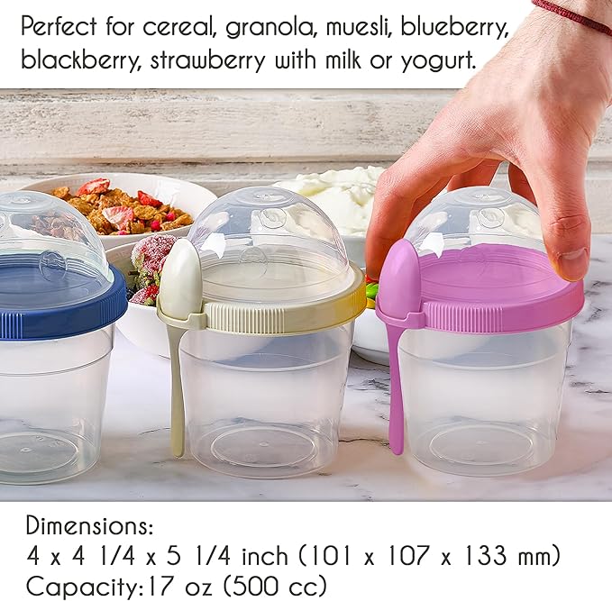 Crystalia Reusable Yogurt Parfait Cups with Leak-Proof Lids, On the Go Plastic Bowls with Topping Cereal Oatmeal Salad or Fruit Container, Set of 4, Made in Europe (Small 17 oz)