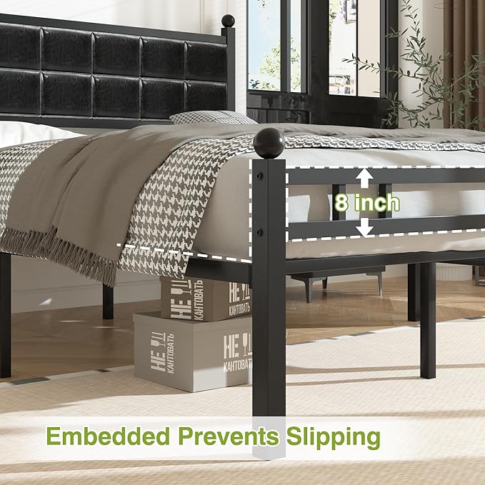 VECELO Queen Bed Frame, Faux PU Leather Platform Beds with Upholstered Headboard and Footboard, Strong Metal Slats Support, Noise-Free, No Boxing Spring Needed, PU Black