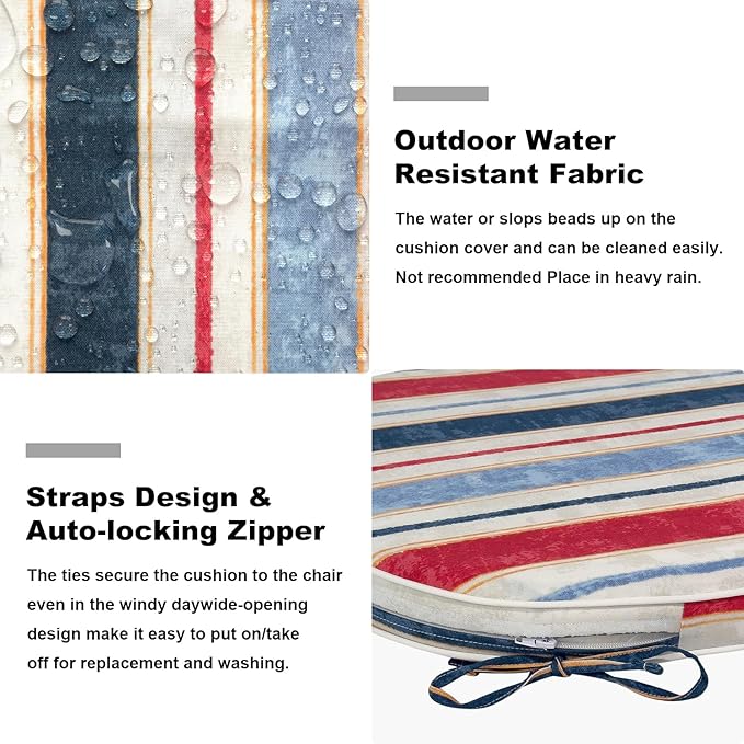 Set of 4 Outdoor Chair Cushions 19"x19"x2",Water Repellent Dining Seat Cushion with Ties and Removable Covers, Chair Cushions for Indoor and Patio Furniture, Stripe Red Blue