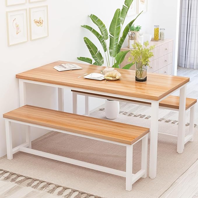 Recaceik Dining Table Set for 4 Kitchen Dining Room Set with 2 Dinner Benches, Farmhouse Breakfast Table for Apartment Small Space, Easy Assembly