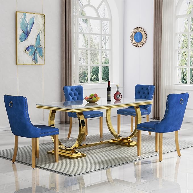 5 Piece Marble Dining Table Set for 4, Luxury White Marble Gold Kitchen Table with 4 Blue Velvet Upholstered Chairs, Modern 4 Person Dining Room Table Set for Kicken Dining Office Room