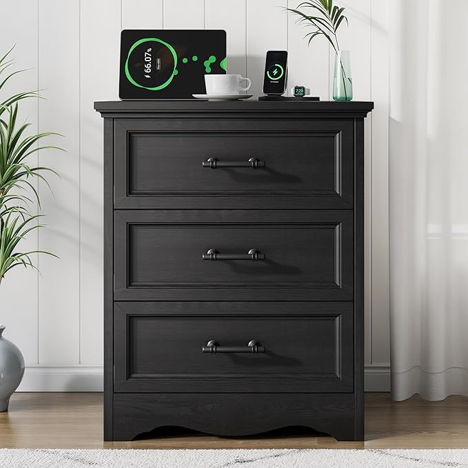 Farmhouse Nightstand with Charging Station, Black Wood Bedside Table & End Table with 3 Drawers and Unique Base Design, Side Table Storage Cabinet with Metal Handles for Bedroom, Living Room