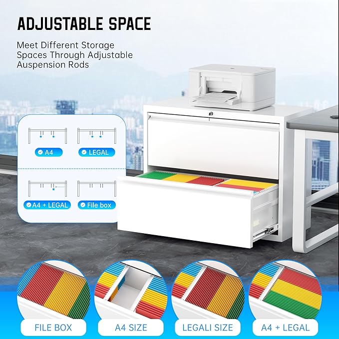 Greenvelly 2 Drawer Filing Cabinet, White Lateral File Cabinet with Lock, Metal File Cabinets with Adjustable Hanging Bars&2 Keys, Locking File Cabinet for Home Office, Legal/F4/Letter, Etc