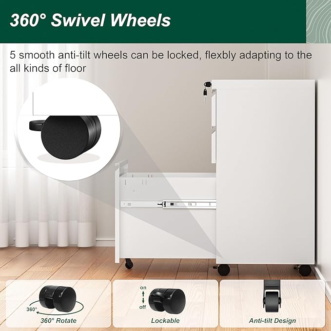 Superday White 3 Drawer Mobile Locking File Cabinet, Metal Rolling Vertical Filing Cabinet with Drawers, Small Under Desk File Cabinets for Office and Home, Fully Assemble