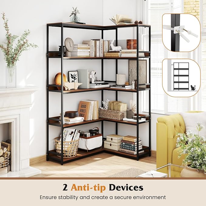 Tangkula Large Corner Bookshelf, 90 Degrees 5-Tier Industrial Wood Open Corner Bookcase for Small Spaces, Heavy-Duty Metal Frame, 71”H L-Shaped Storage Display Rack for Living Room (Walnut)