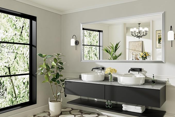 72x36 Inch Silver Bathroom Mirror for Wall, Thick Metal Framed Rectangle Mirrors for Over Sink, Bedroom, Living Room, Entryway, Anti-Rust, HD Tempered Glass