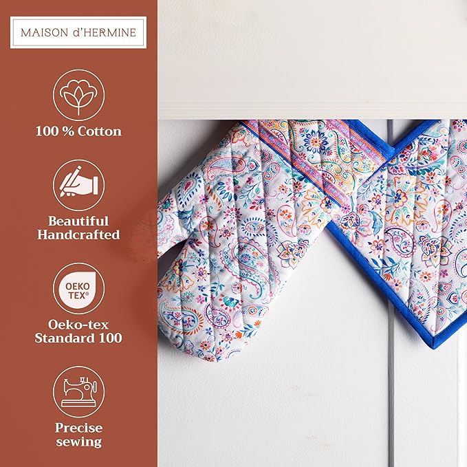 Maison d' Hermine 100% Cotton Oven Mitt & Pot Holder Set (7.5"x13" & 8"x8") Heat Resistant BBQ Cooking Gloves with Loop, Baking, Grilling, Kitchen, Handling Hot Pans Spring/Summer (Indian Floral)