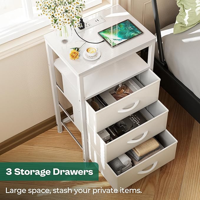 Huuger Nightstand with Charging Station, 27.6 Inch Side Table with Drawers, PU Leather Finish, End Table Bedside Table with USB Ports and Outlets, Night Stand for Bedroom, White