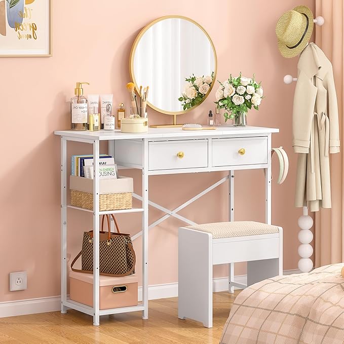 Vanity Desk Without Mirror, Makeup Vanity for Girls with 2 Fabric Drawers, Small Vanity Table with Iron Hook, 35 Inches Dressing Table with Storage, White