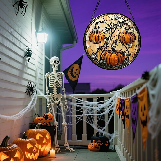 Stained Glass Window Hanging - Halloween Decoration Orange Pumpkin Vine Leaves Suncatcher for Door Garden Spooky Sun Catchers Gothic Decor Horror Gifts for Women Men Friend Boy Girl 9.8 in