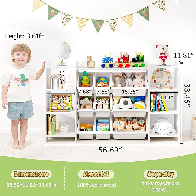 MallBest 4-Tier Kids' Toy Storage Organizer Shelf - 100% Solid Wood, Children's Organizer Cabinet with 9 Plastic Bins and 6 Storage Ports (White)