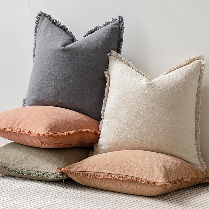 Foindtower Set of 2 Decorative Linen Fringe Throw Pillow Covers Boho Farmhouse Cushion Cover with Tassels Lumbar Accent Pillowcase for Couch Bed Sofa Living Room Home Bedroom Decor,12×24 Inch,Gray